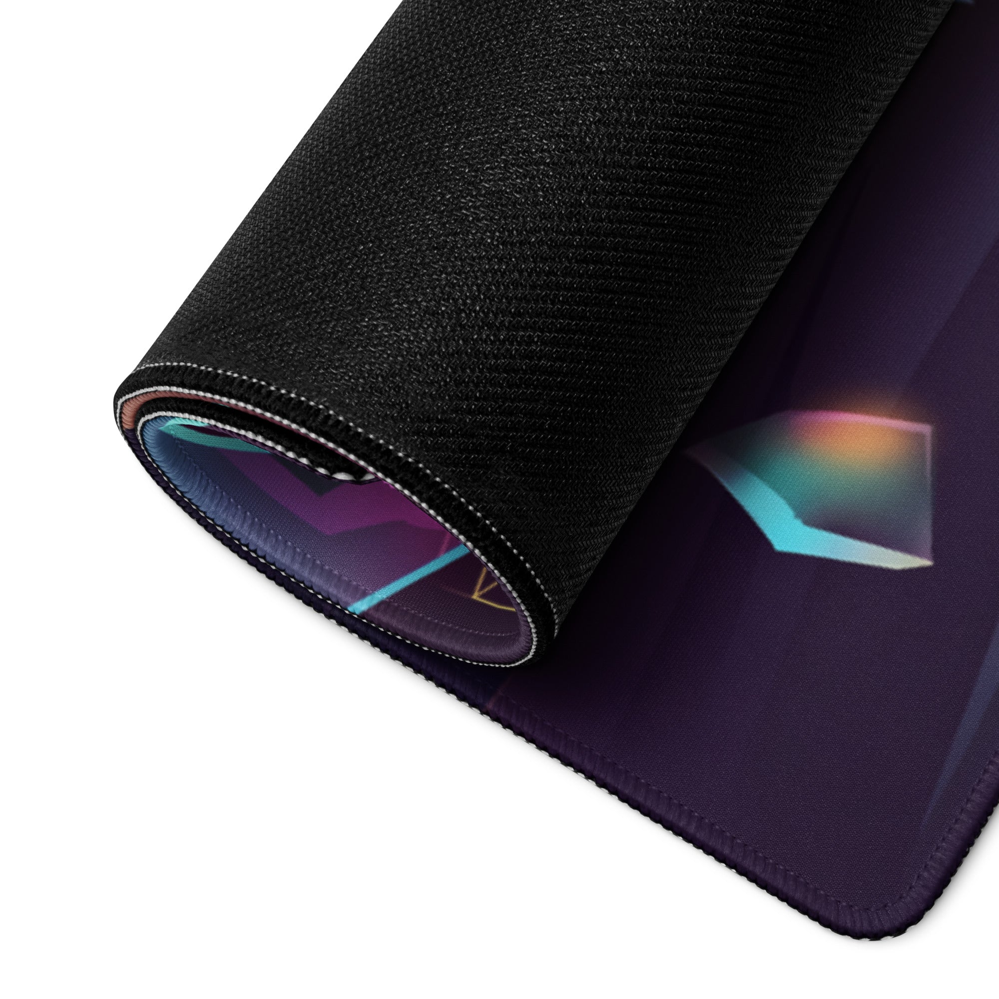 Black textured gaming mousepad with vibrant iridescent purple and blue geometric design vaporwave neon city style