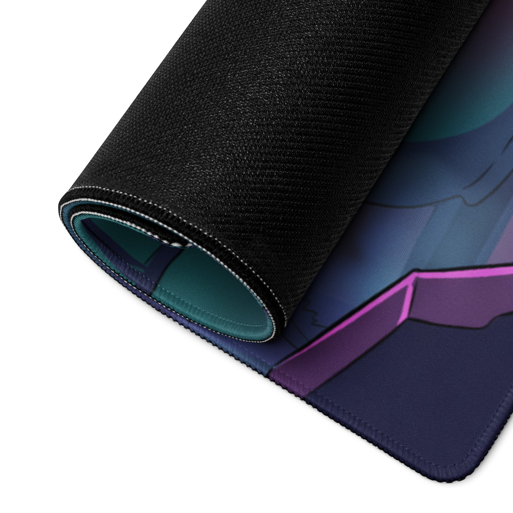 Rolled-up knight vaporwave gaming mouse pad with black textured outer layer teal lining and purple blue anime artwork