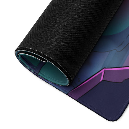 Rolled-up knight vaporwave gaming mouse pad with black textured outer layer teal lining and purple blue anime artwork