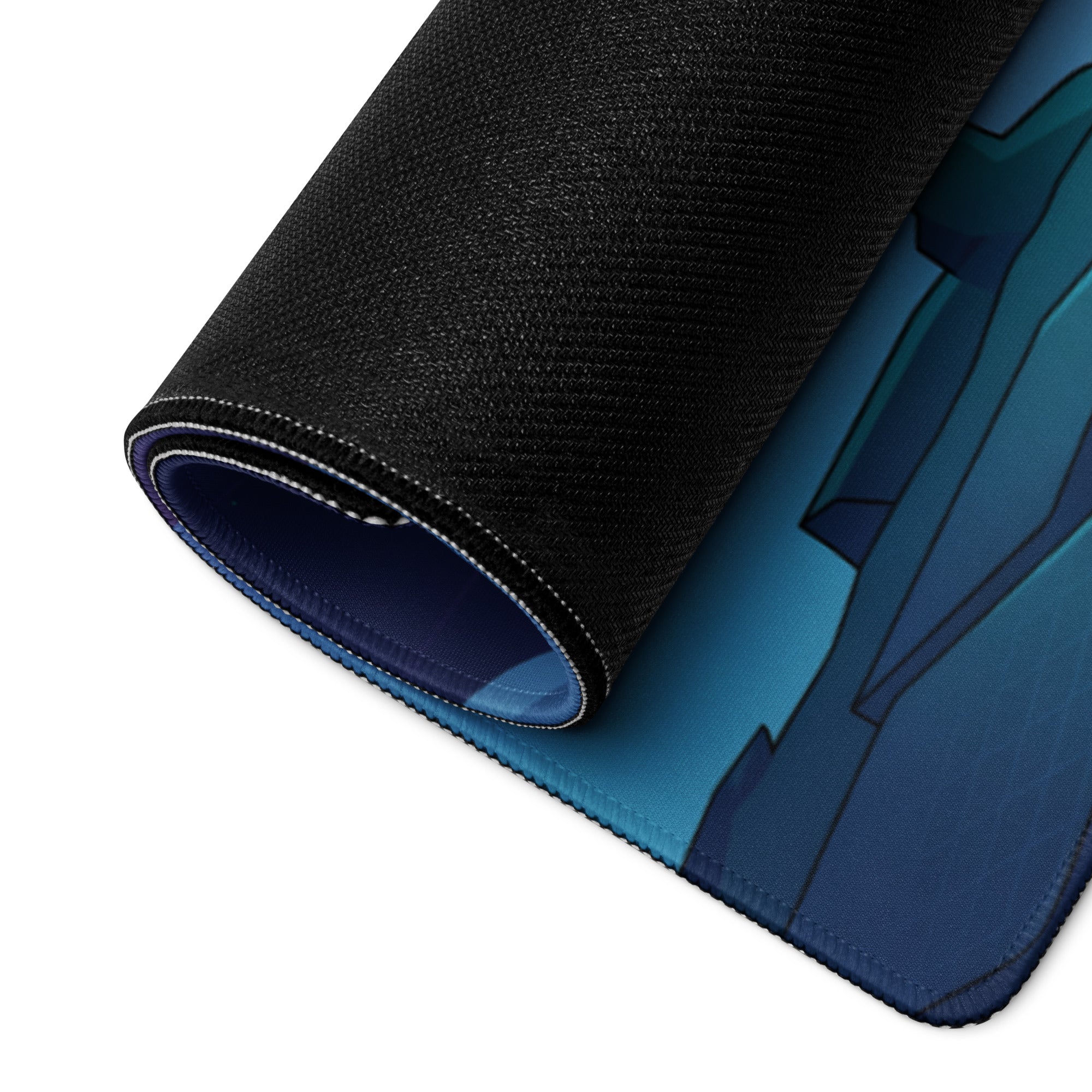 A rolled-up black vaporwave neon galaxy gaming mouse pad with blue anime-style graphic design on fabric surface