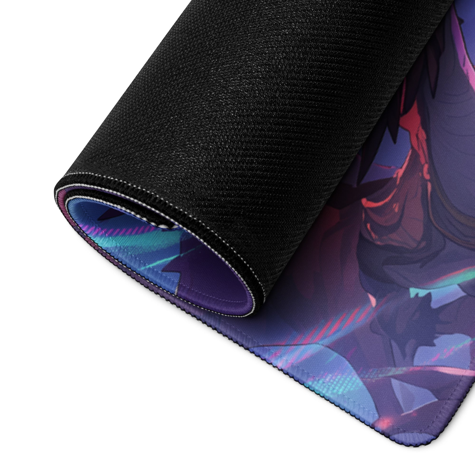 A rolled-up black vaporwave dragon arena gaming mousepad featuring a vibrant anime character with purple pink and blue neon accents
