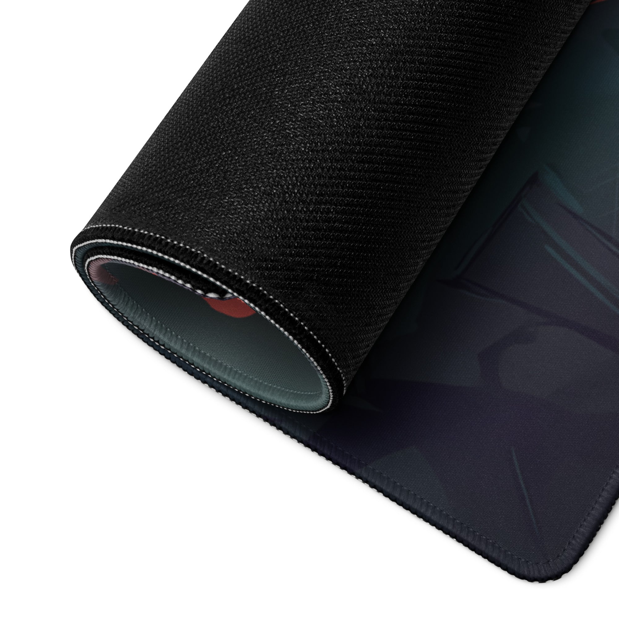 Black textured gaming mousepad with subtle dark blue and teal vaporwave phoenix graphic for neon desk decor
