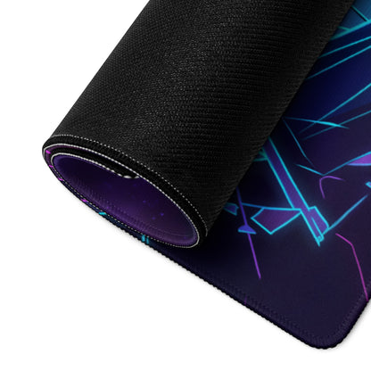 A rolled-up neon dragon vaporwave mouse pad with black textured backing and vibrant purple blue neon geometric designs