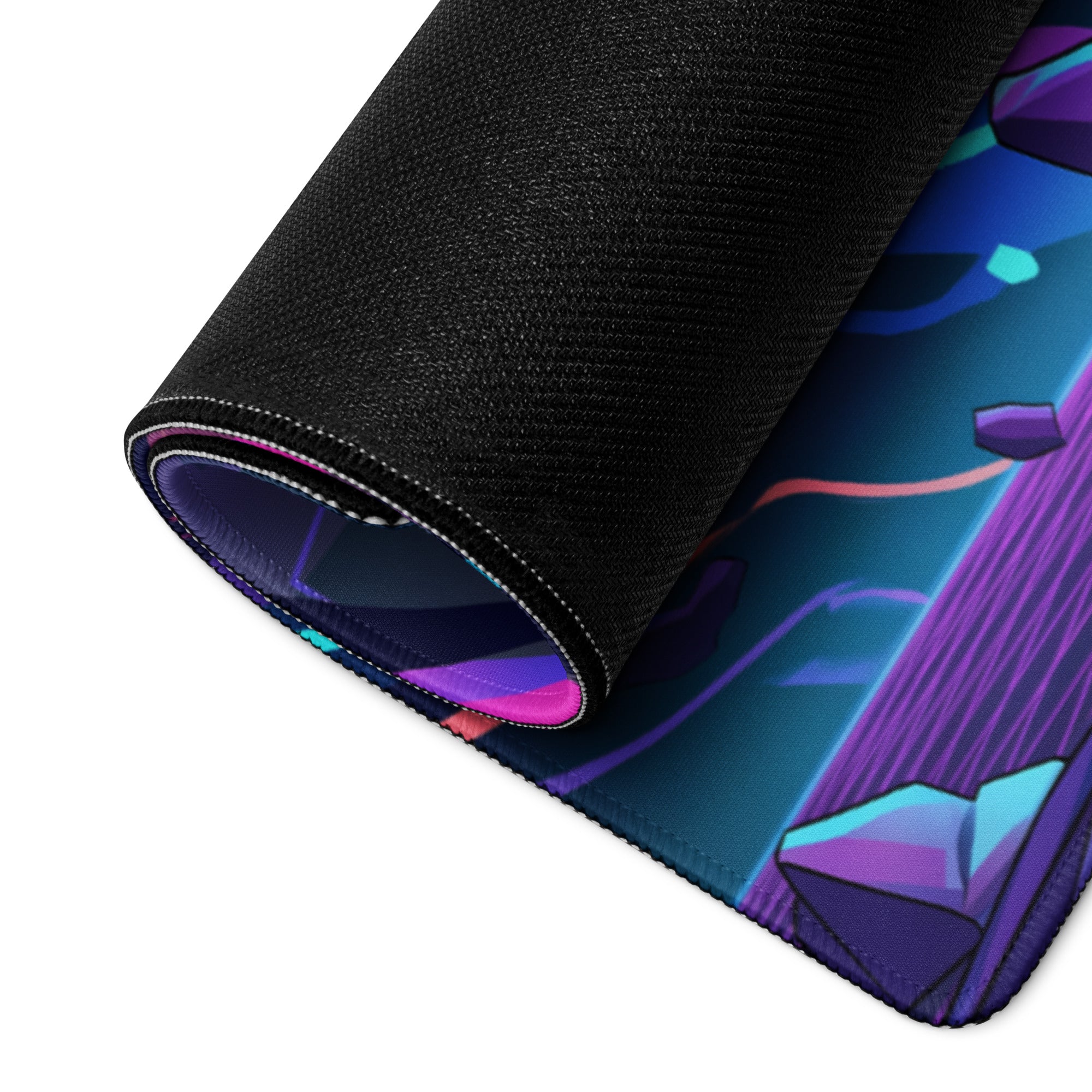 A rolled-up neon vaporwave skull mouse pad with vibrant purple pink cyan abstract design for ethereal desk setups