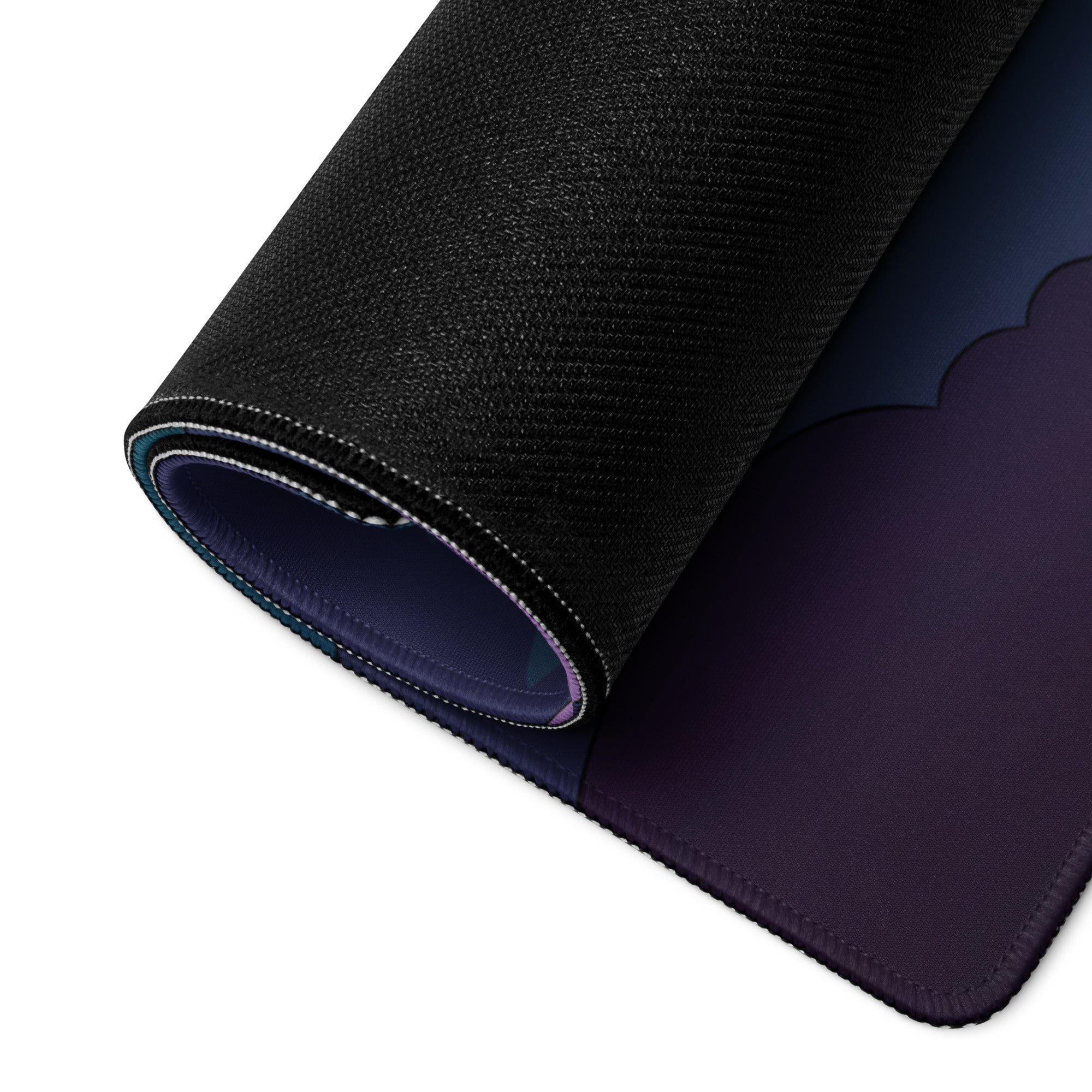 Black textured gaming mouse pad with gradient purple and blue underside vaporwave neon sky design