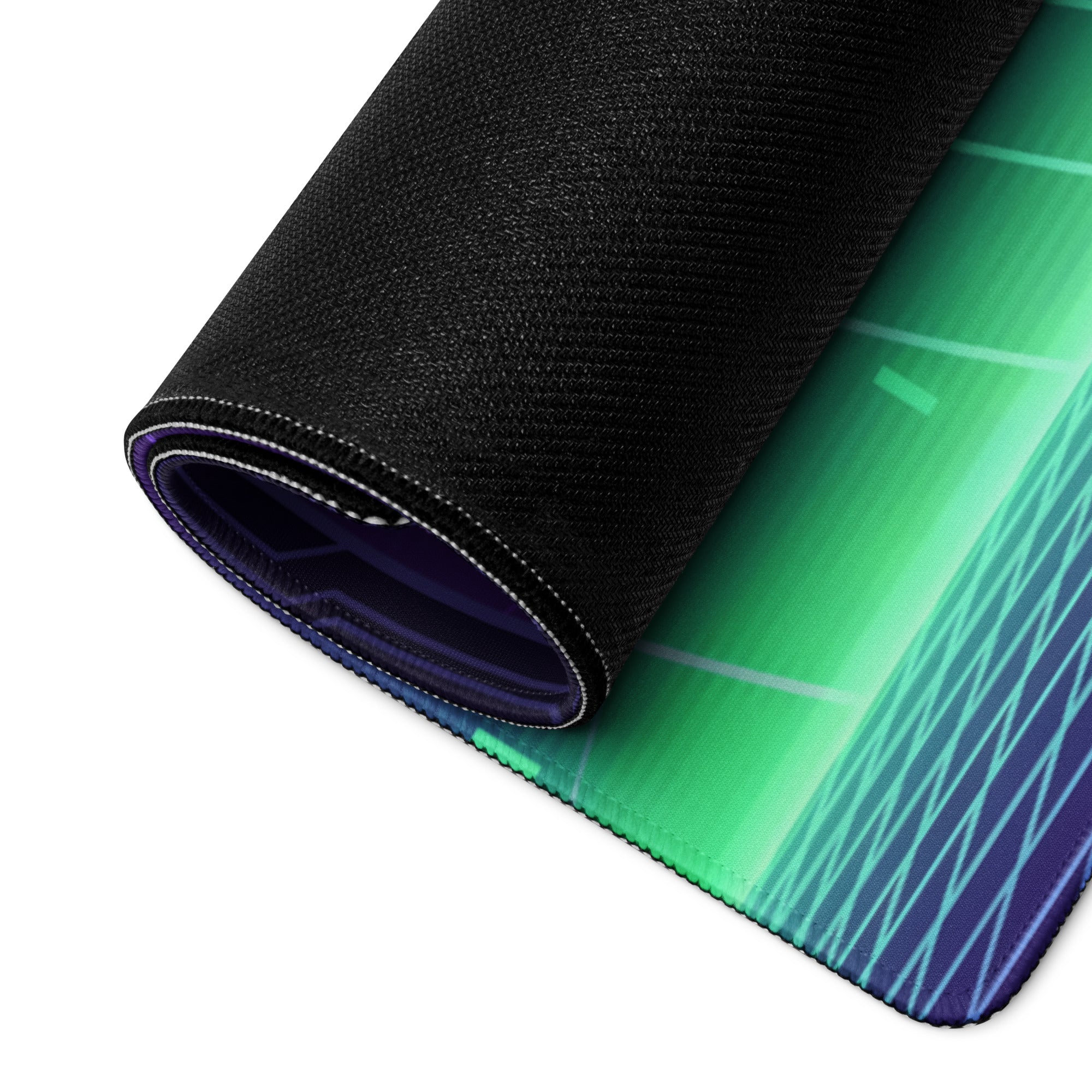 A rolled-up vaporwave neon circuit gaming mouse pad with a green to blue gradient and black fabric border