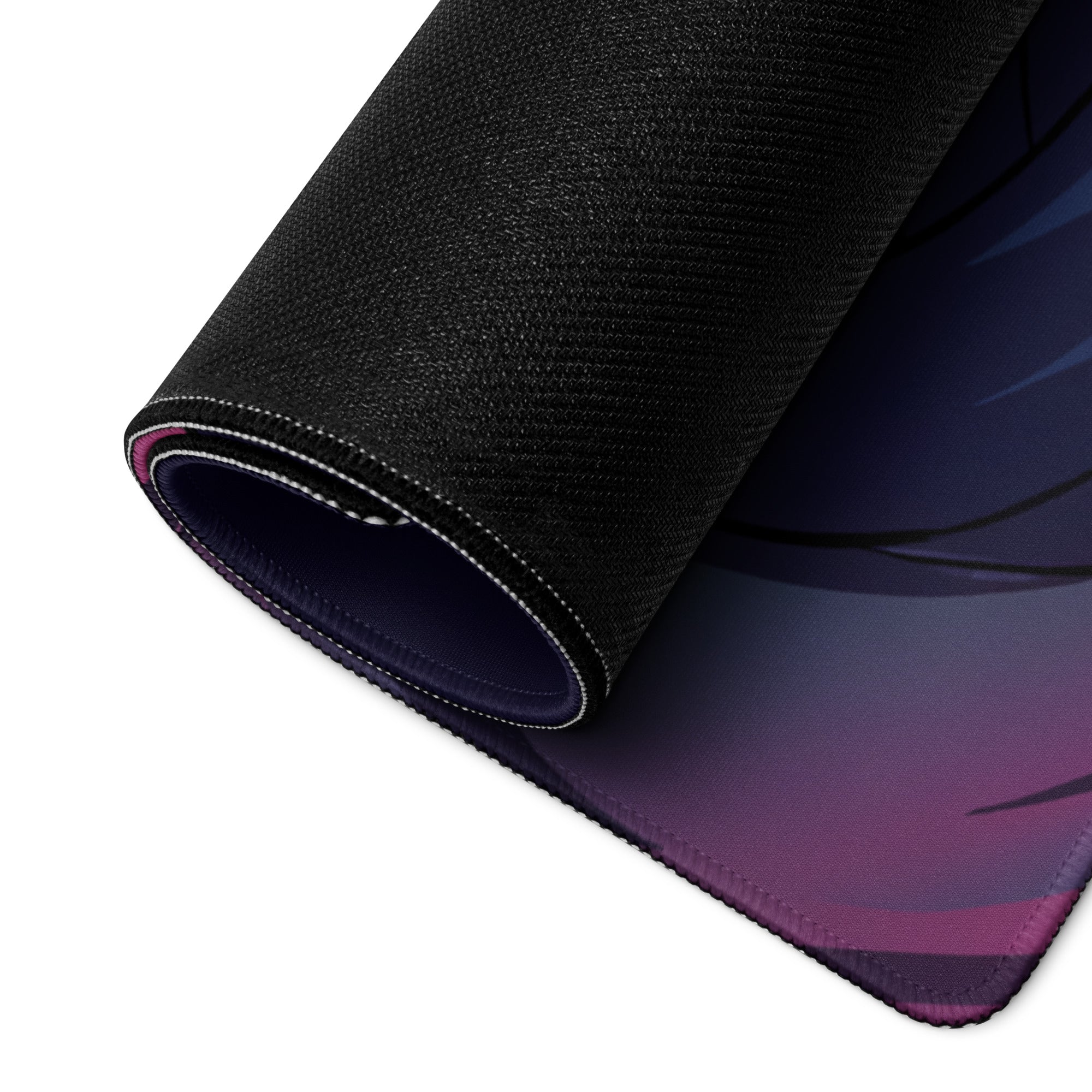 Black textured gaming mousepad with rolled edge and purple gradient anime artwork for neon vaporwave desk setup