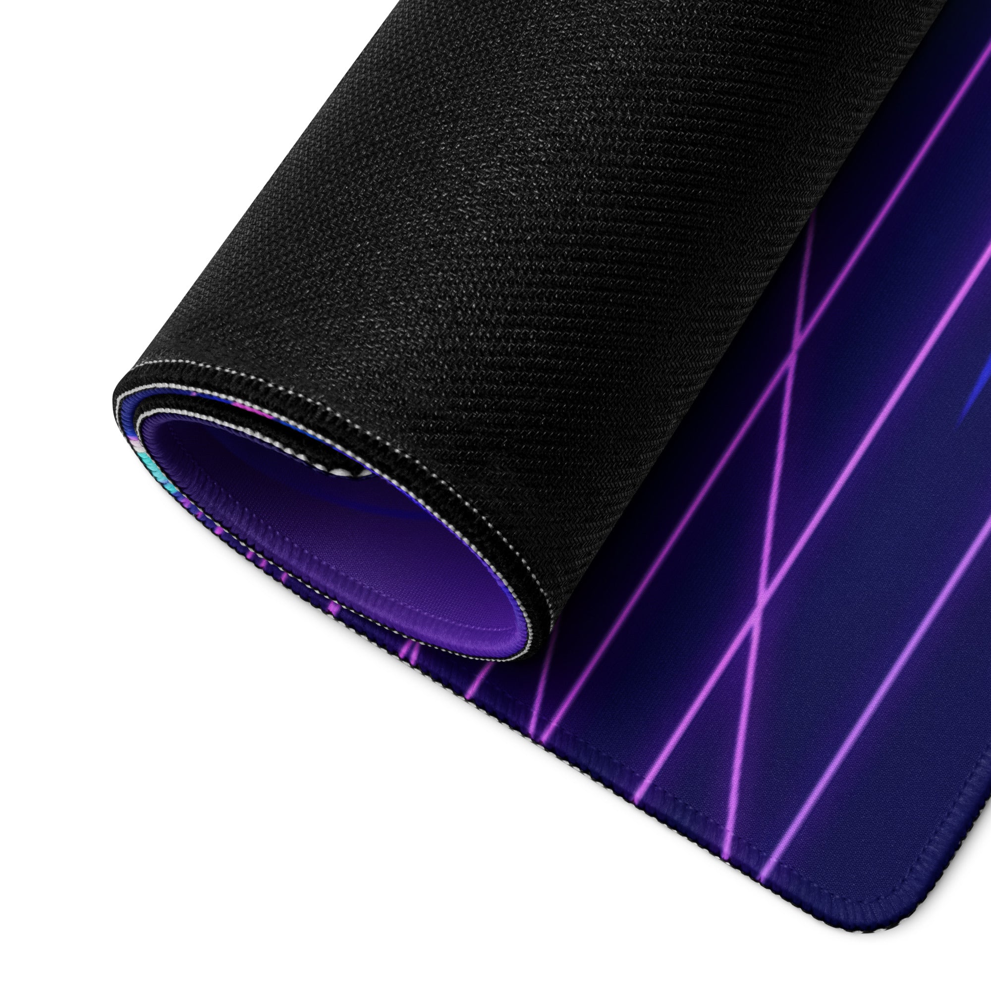 A rolled-up black gaming mousepad with a neon purple and blue vaporwave gradient and glowing electric lines design