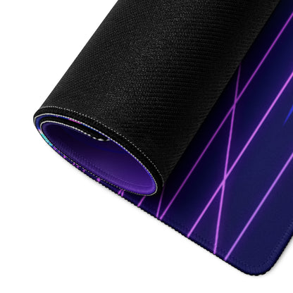 A rolled-up black gaming mousepad with a neon purple and blue vaporwave gradient and glowing electric lines design
