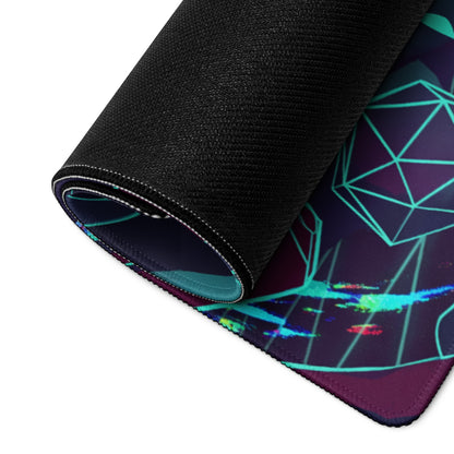 A rolled-up neon vaporwave gaming mouse pad with a black textured surface and teal purple rainbow geometric patterns