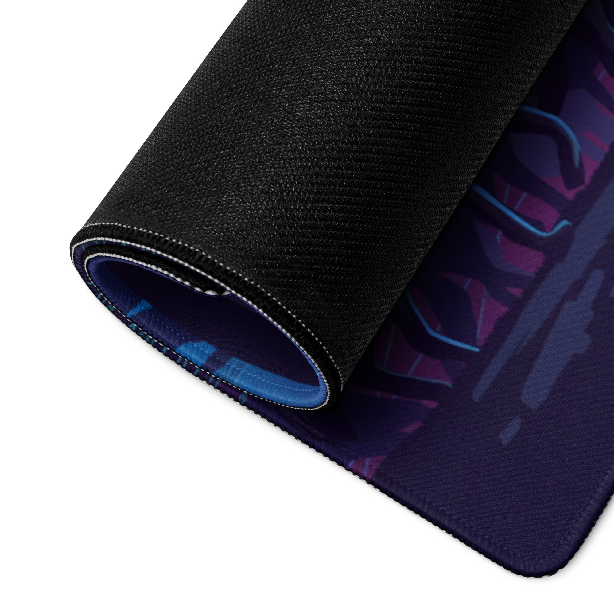 Black textured mousepad with rolled edge featuring vaporwave wolf neon abstract design in deep purple and electric blue hues