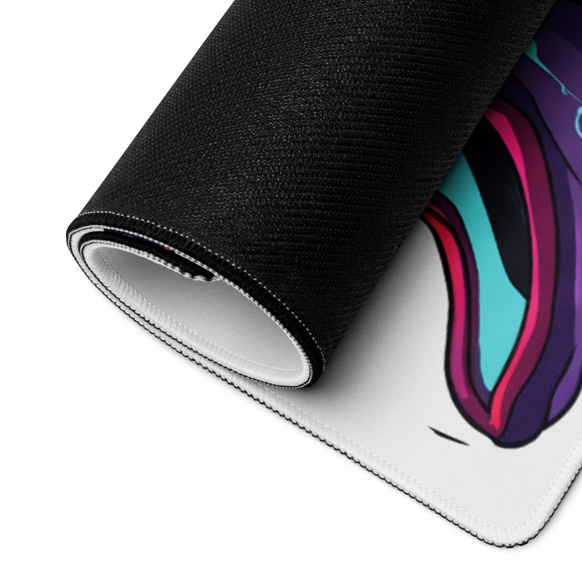 Rolled-up vaporwave neon samurai mouse pad with vibrant purple pink teal lips on white surface for anime desk use