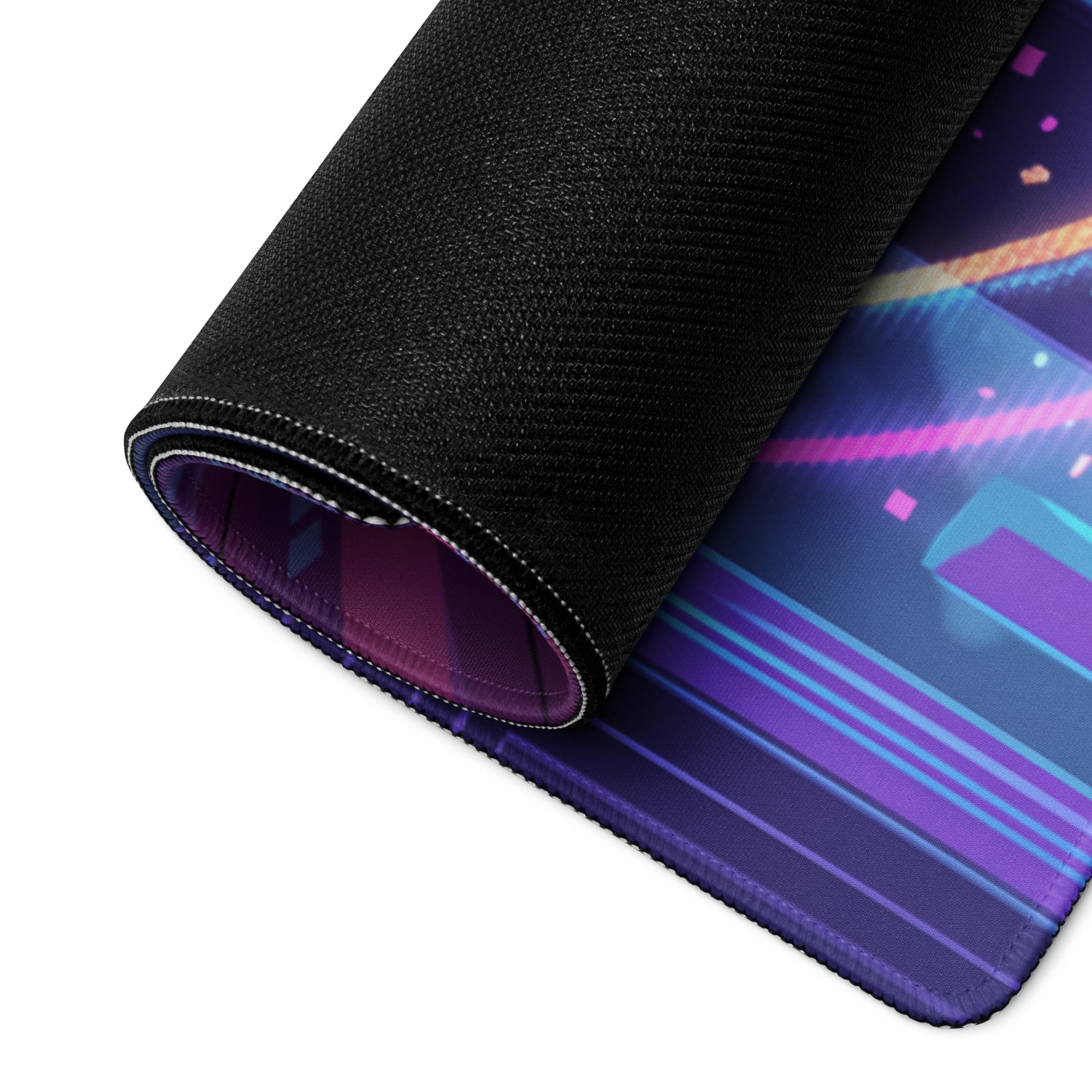 A rolled-up neon vaporwave samurai gaming mouse pad with purple blue neon cyberpunk geometric patterns on surface