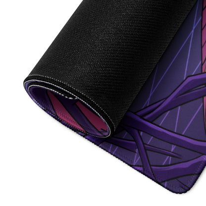 Black rolled-up gaming mousepad with vibrant purple and pink anime-style vaporwave elf neon digital art design