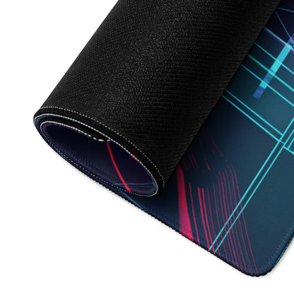 A rolled-up black vaporwave neon blade gaming mouse pad with vibrant neon blue pink geometric design for gamers