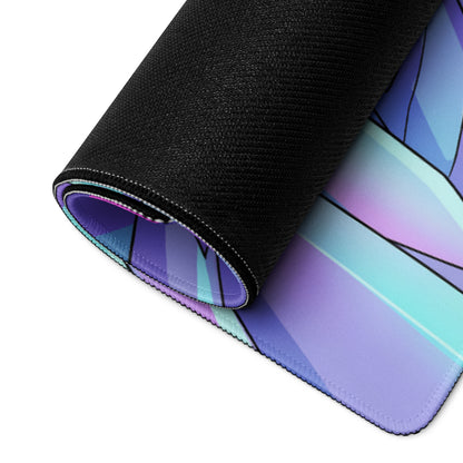 Rolled-up vaporwave angel city gaming mousepad with vibrant purple blue teal gradient in abstract geometric pattern