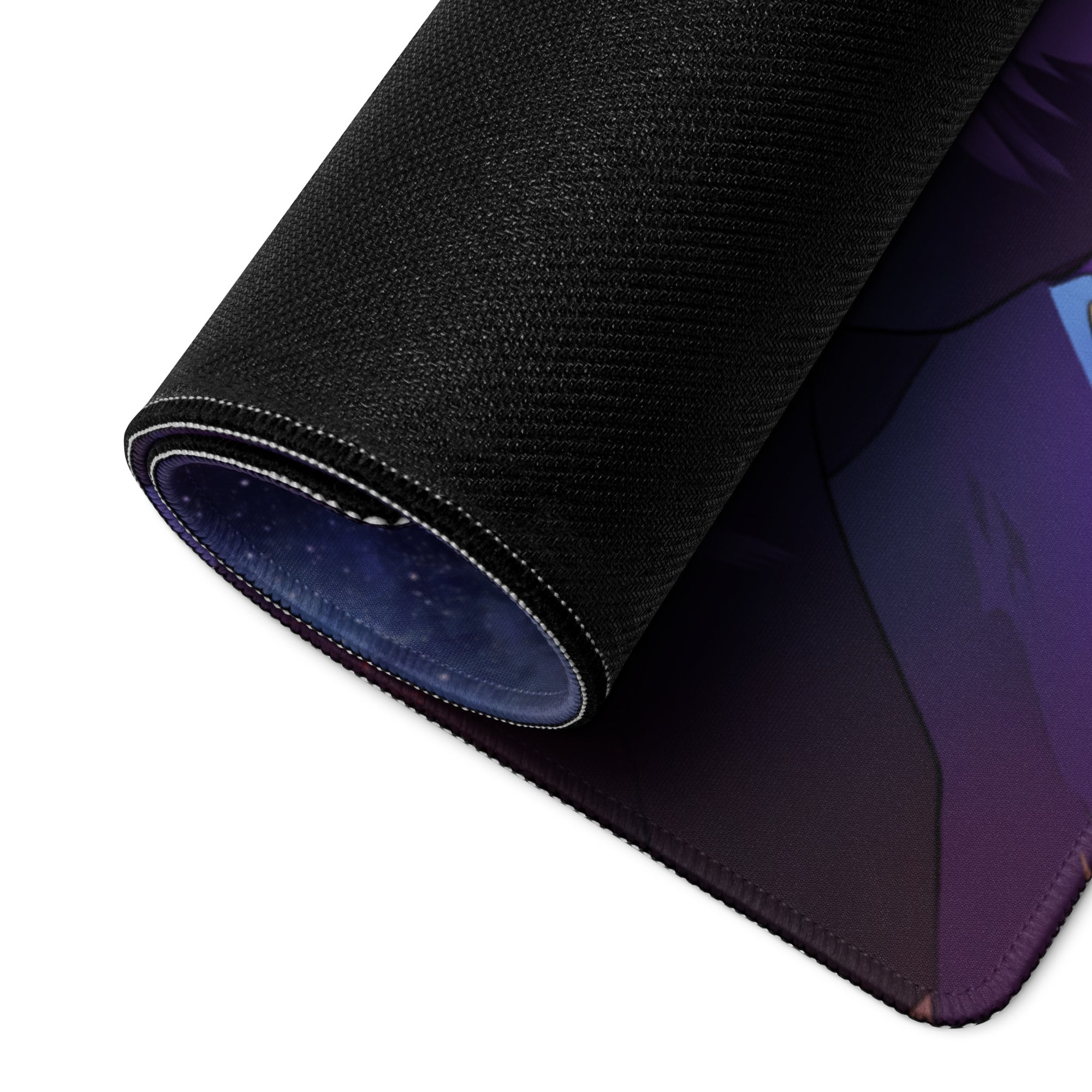 Black textured mousepad with purple and blue gradient vaporwave dragon neon design for a retro futurism desk setup