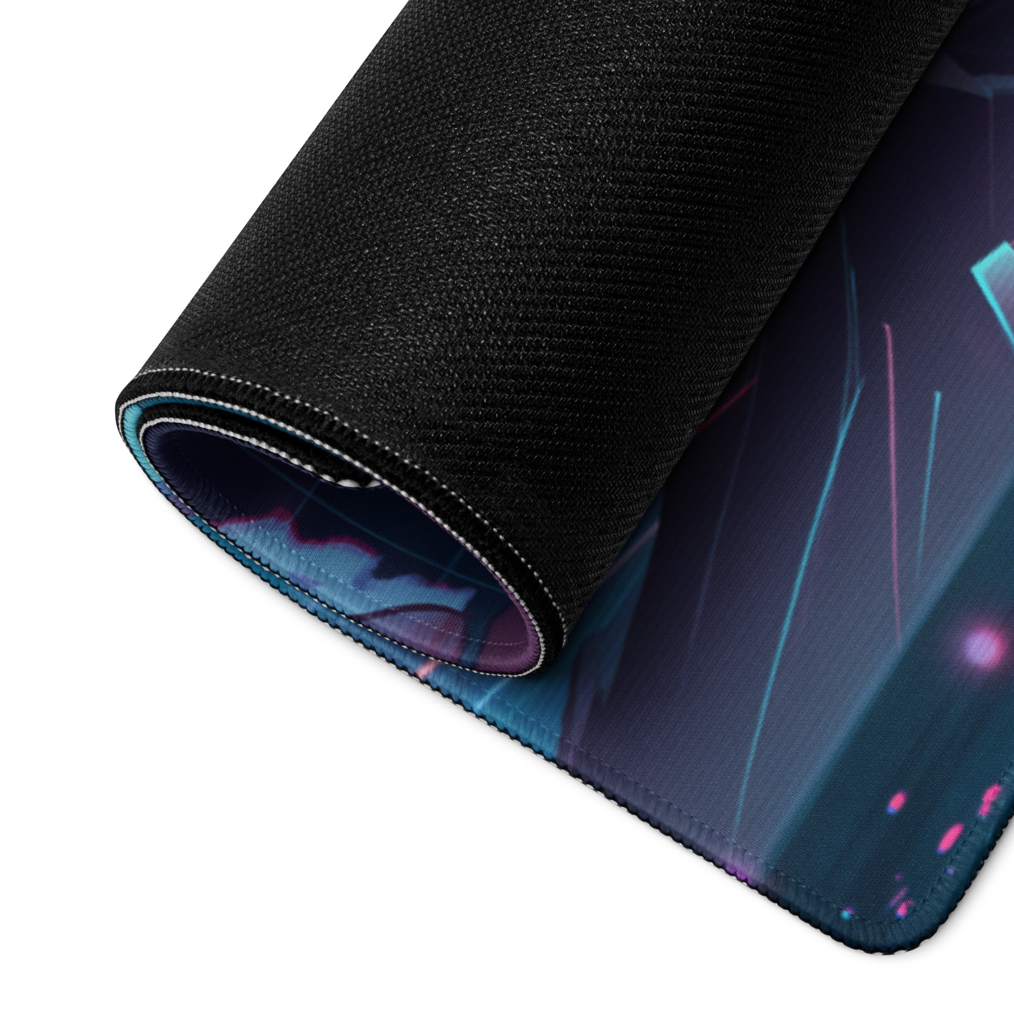 Black textured mousepad with neon cyberpunk design featuring glowing blue pink and purple lines on dark background