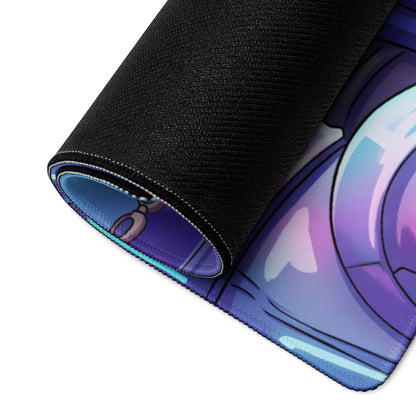 A rolled-up neon knight vaporwave gaming mousepad with vibrant purple and blue anime design and black fabric edges