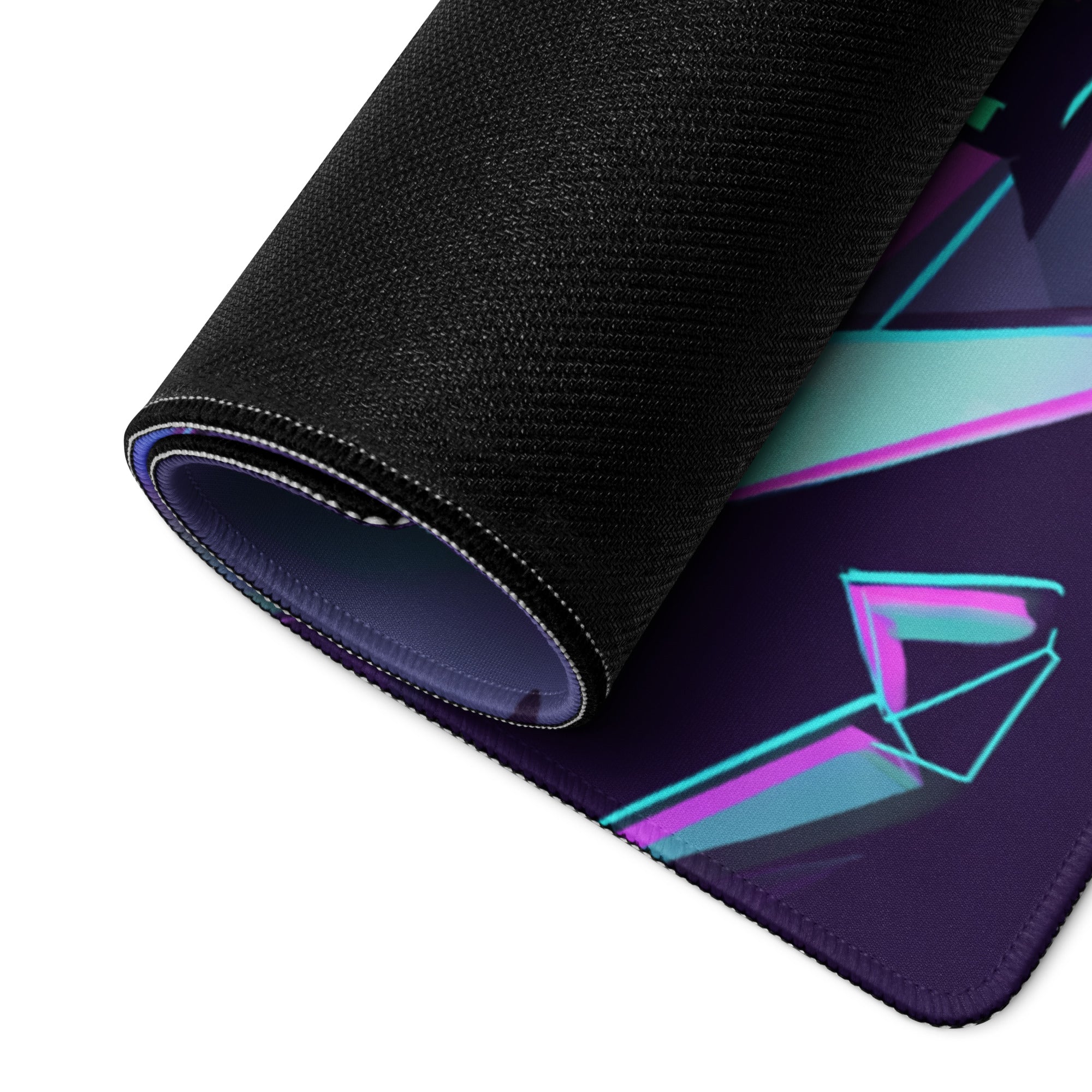 Rolled-up neon vaporwave grid mouse pad with black textured surface and vibrant purple teal and pink geometric patterns
