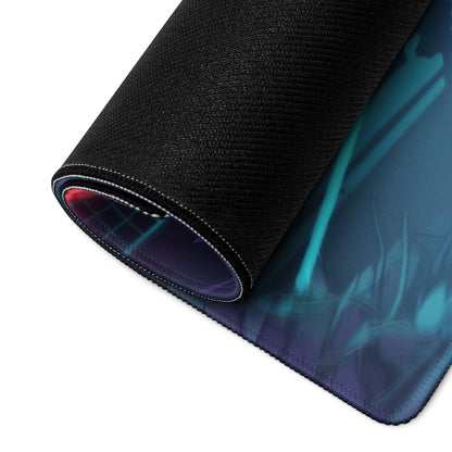 Black textured mousepad with vibrant teal and purple vaporwave neon violinist design for gaming and digital art use