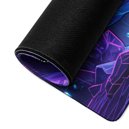A rolled-up neon dragon vaporwave gaming mouse pad with black textured surface and vibrant purple blue crystal design