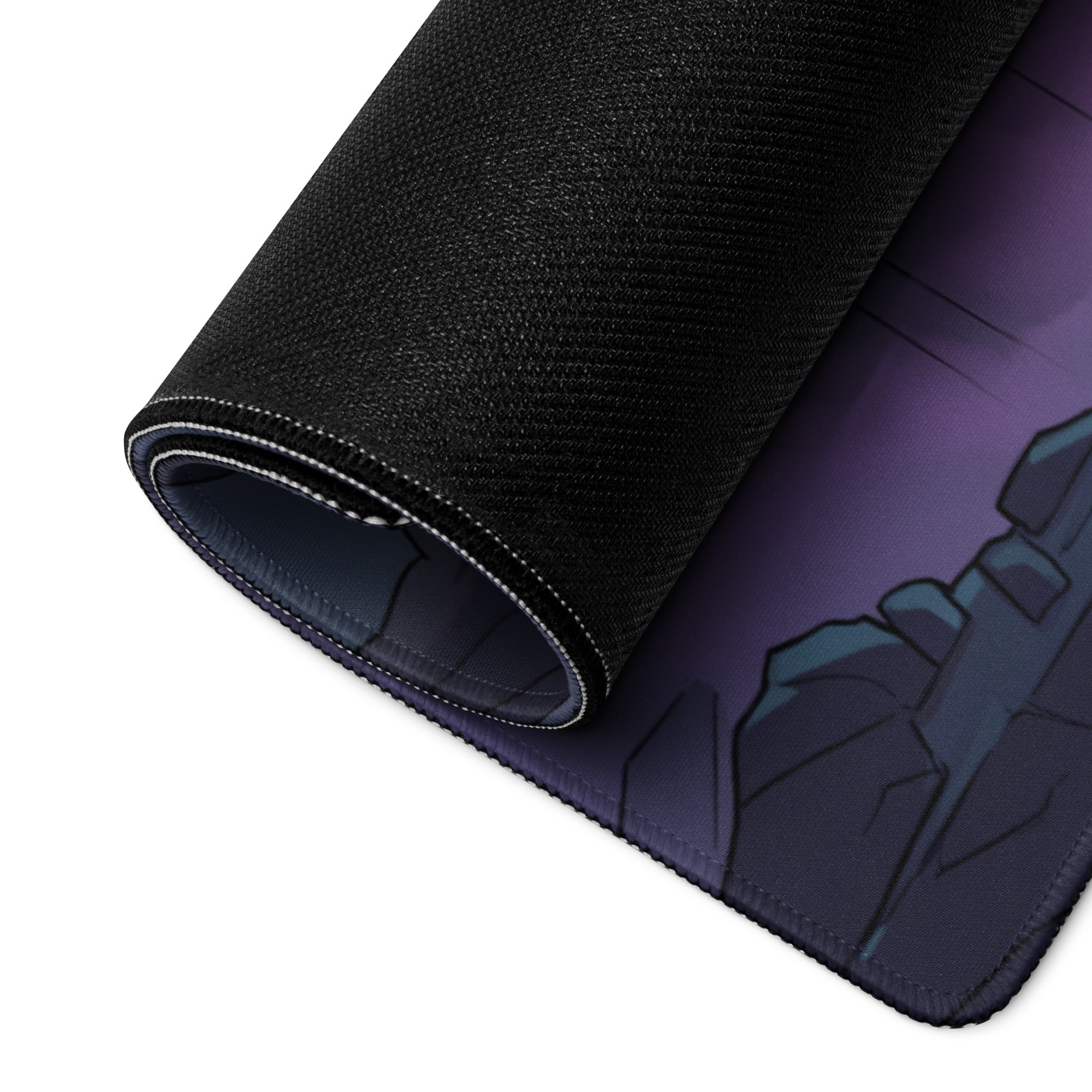 Black textured neon dragon vaporwave mouse pad with rolled edge and purple cartoon mountain design for desk setup