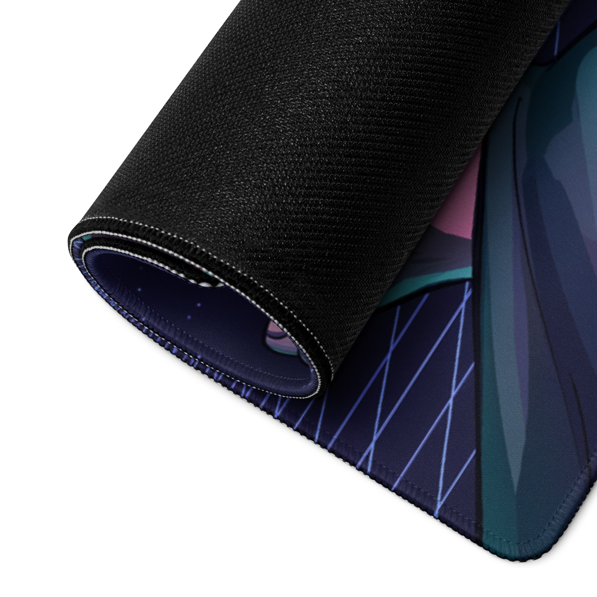 Vaporwave neon night black textured mousepad with rolled edge and anime-style illustration in deep purples and blues