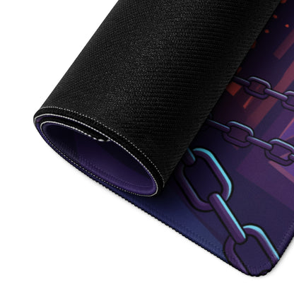 A rolled-up black vaporwave neon hero gaming mouse pad with a purple and blue chain design for cyberpunk setups