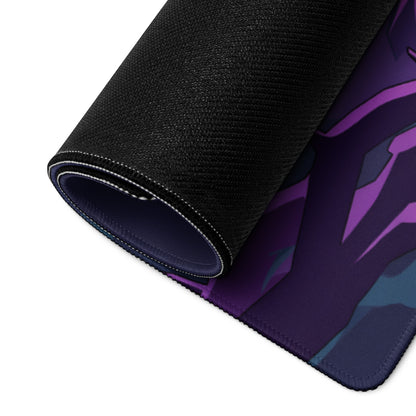 A rolled-up black gaming mousepad with vibrant purple and dark blue neon vaporwave anime-style graphic design