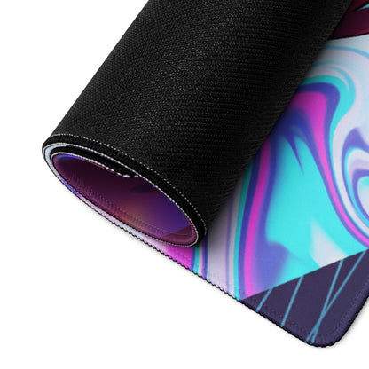 Neon vaporwave warrior mouse pad black gaming mousepad with vibrant purple and teal abstract design and stitched edges