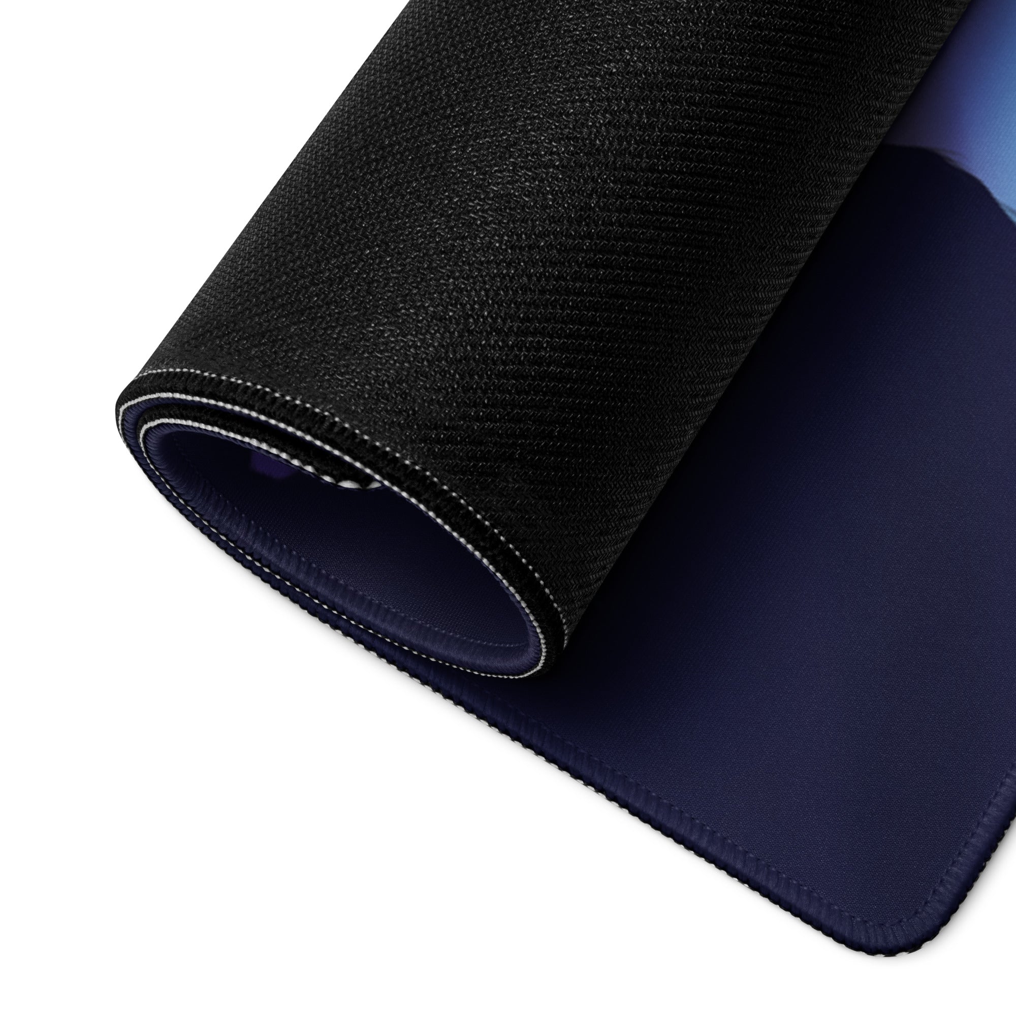 Neon knight vaporwave mouse pad with black textured surface navy blue underside and white stitching for gaming desk use