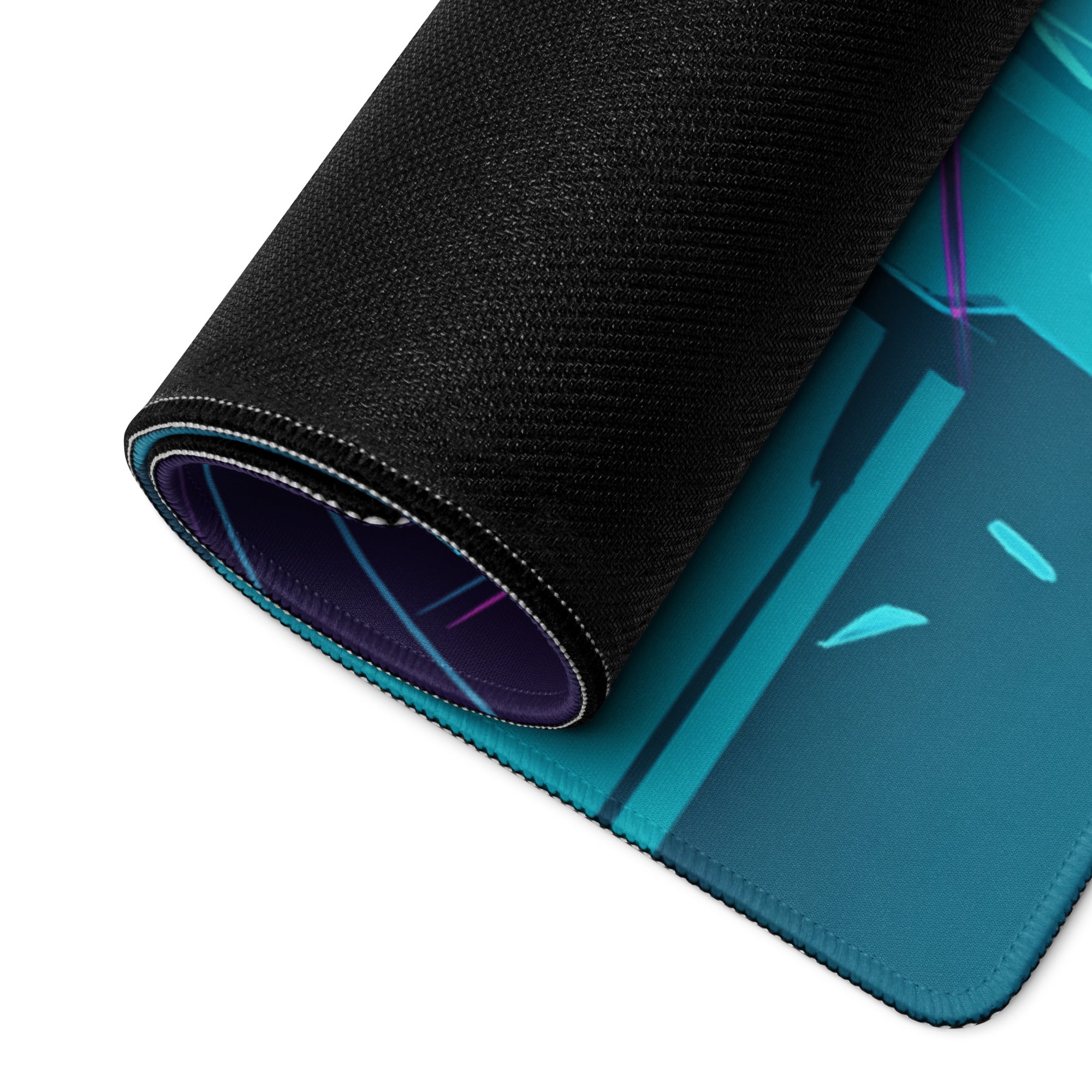 Teal and purple anime-themed neon vaporwave gamer pad with black textured outer layer for desktop gaming