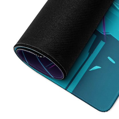 Teal and purple anime-themed neon vaporwave gamer pad with black textured outer layer for desktop gaming