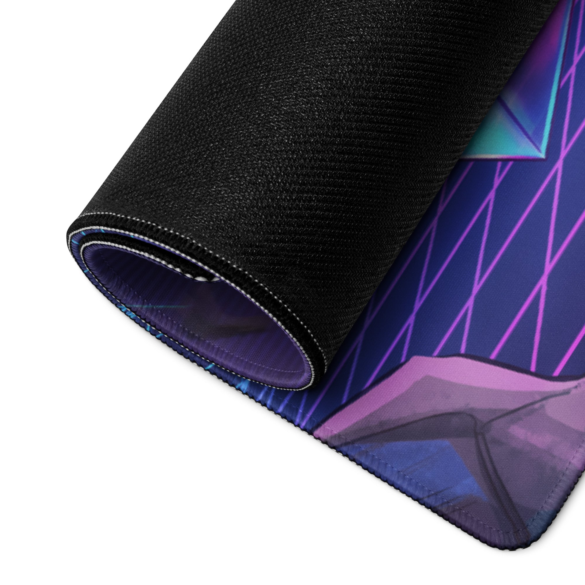 A rolled-up vaporwave knight gaming mousepad with vibrant purple blue and pink geometric design for esports use