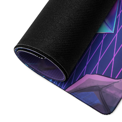 A rolled-up vaporwave knight gaming mousepad with vibrant purple blue and pink geometric design for esports use