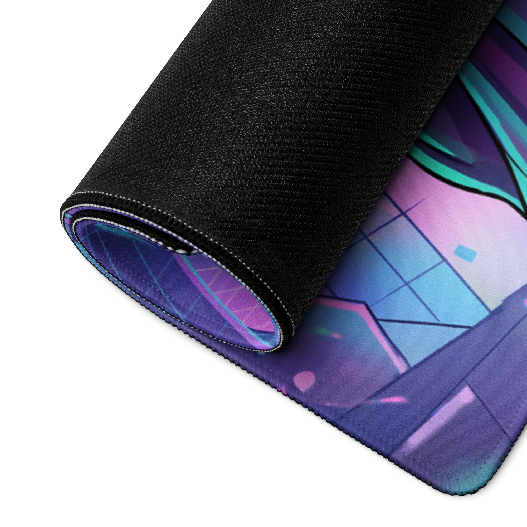 A rolled-up neon vaporwave gaming mousepad with vibrant purple blue and teal anime design on black textured surface