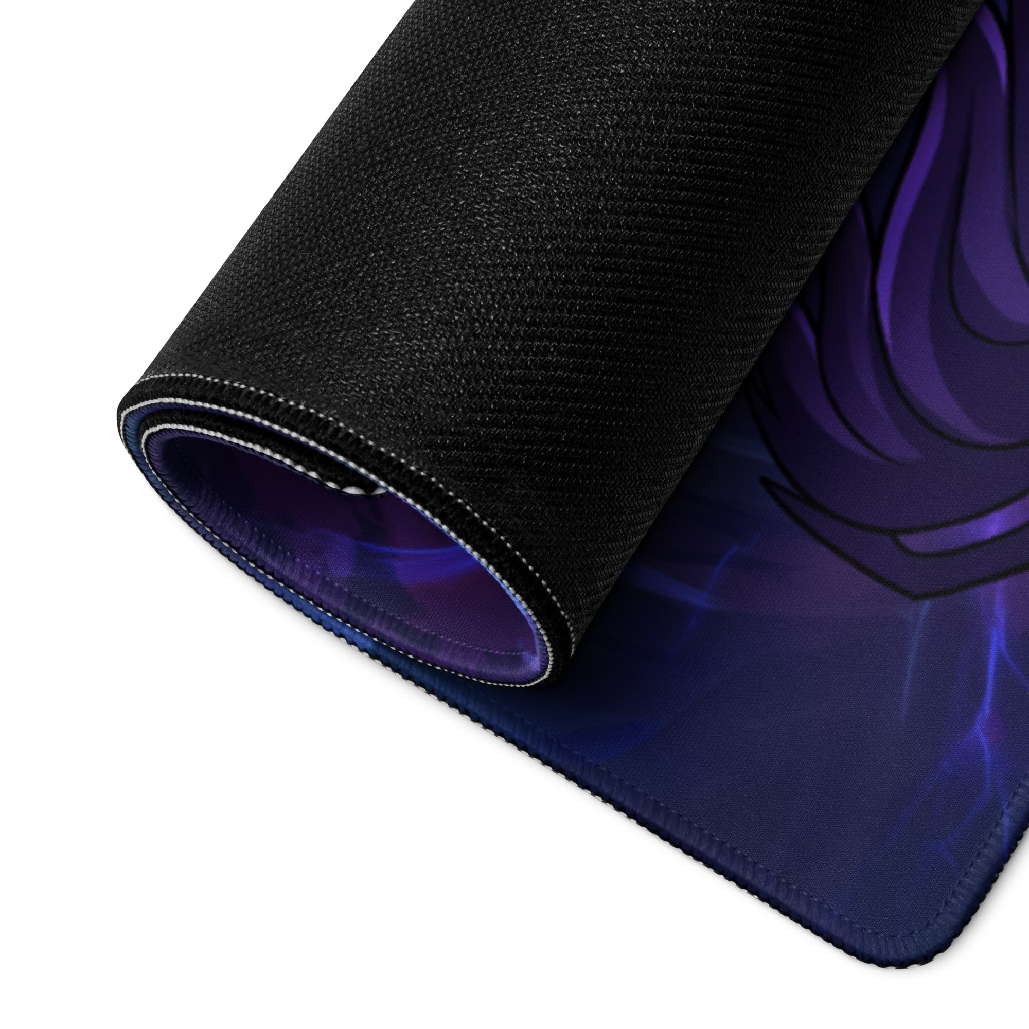 Black gaming mousepad with vibrant purple vaporwave neon anime character design and stitched edges for desk use