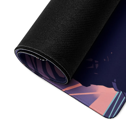 Black rolled gaming mousepad with vibrant vaporwave neon anime illustration in pink blue for cyberpunk desk decor