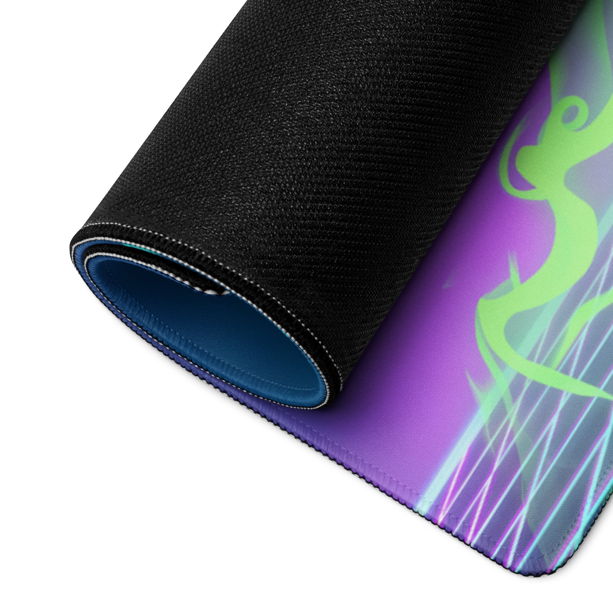 A rolled-up vaporwave archer gaming mousepad with vibrant purple and neon green abstract glowing figure design