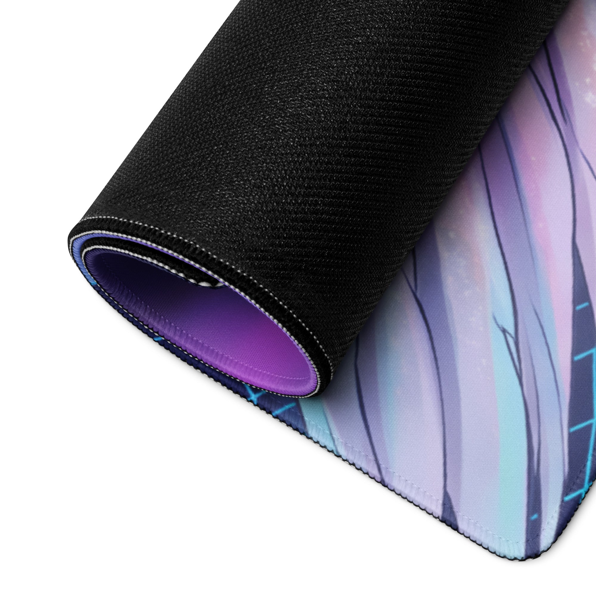 A rolled-up vaporwave neon winged warrior gaming mousepad with purple blue gradient and black fabric trim