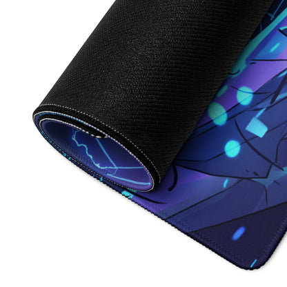 A rolled-up neon vaporwave large gaming mousepad with a vibrant blue and purple anime design and black fabric border
