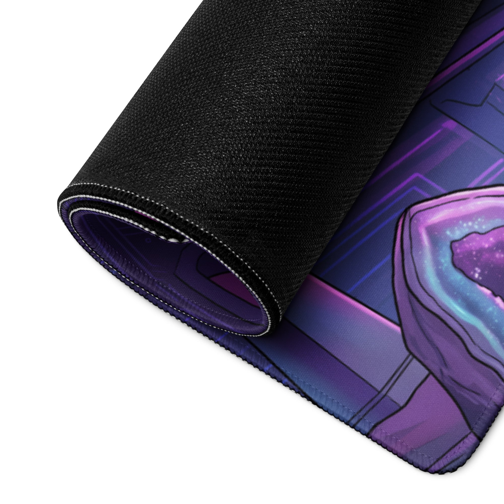 A rolled-up neon vaporwave dragon mouse pad with vibrant purple and blue geode design and glowing crystalline patterns