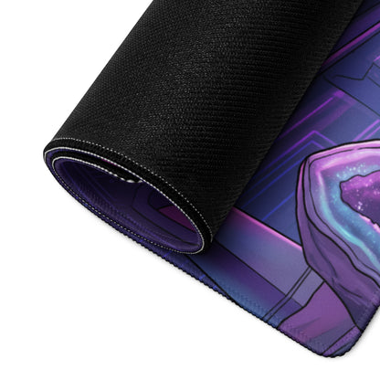 A rolled-up neon vaporwave dragon mouse pad with vibrant purple and blue geode design and glowing crystalline patterns