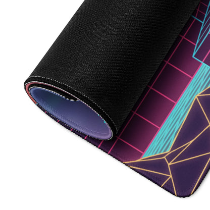 A rolled-up neon dragon vaporwave gaming mouse pad with vibrant pink cyan and gold geometric lines on dark purple background