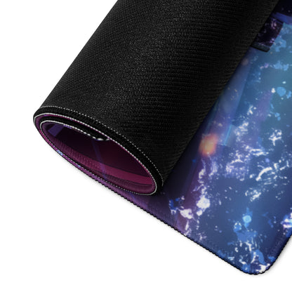 A rolled-up neon vaporwave gaming mousepad with a cosmic galaxy design in pink purple and blue for desk setup