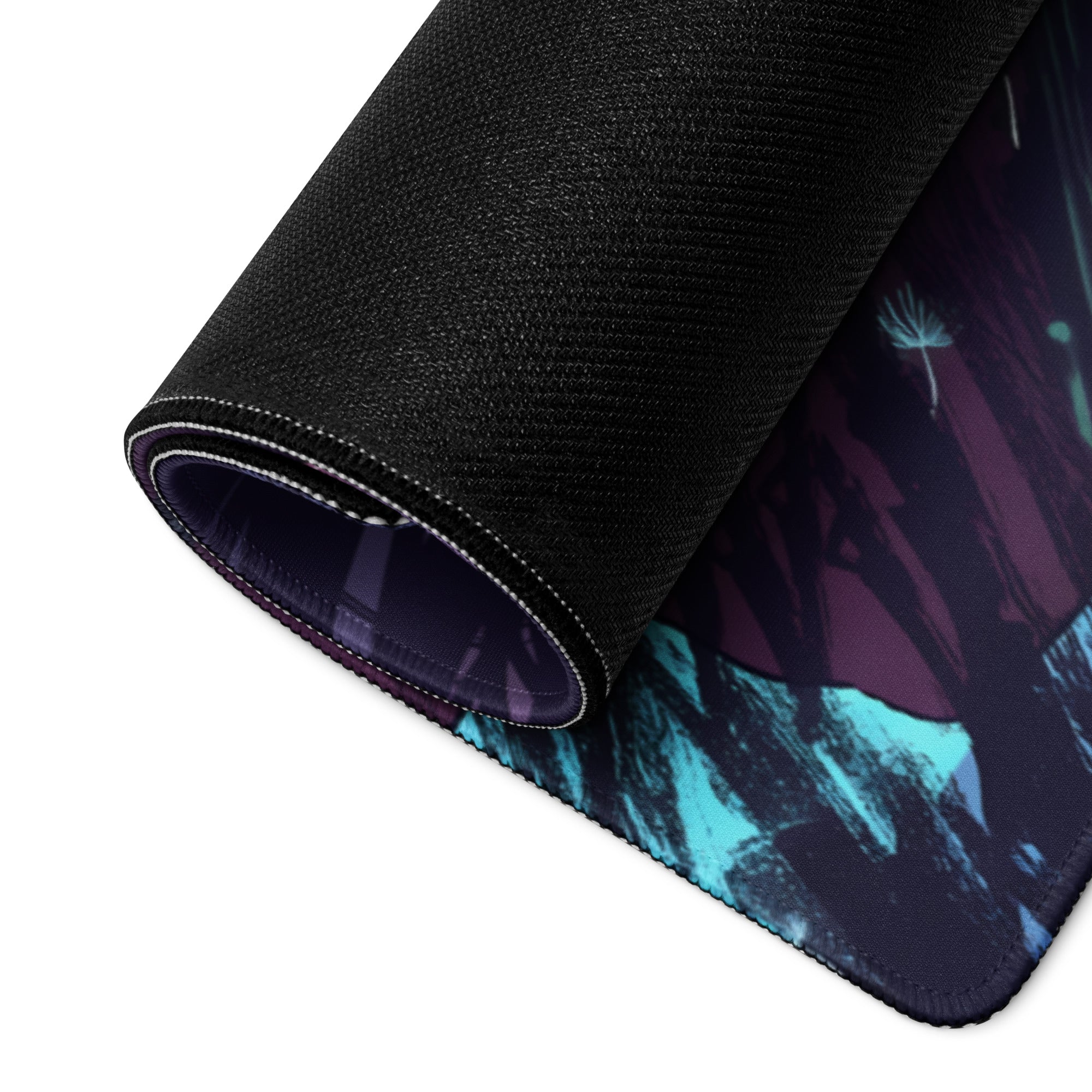 Black textured mousepad with vibrant purple and teal vaporwave nightfall fantasy landscape design for desk setup