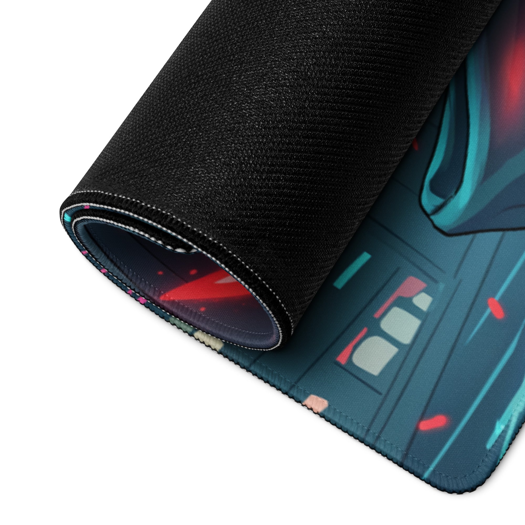 A rolled-up black neon samurai vaporwave mouse pad with vibrant teal and red anime-style design for gaming desks