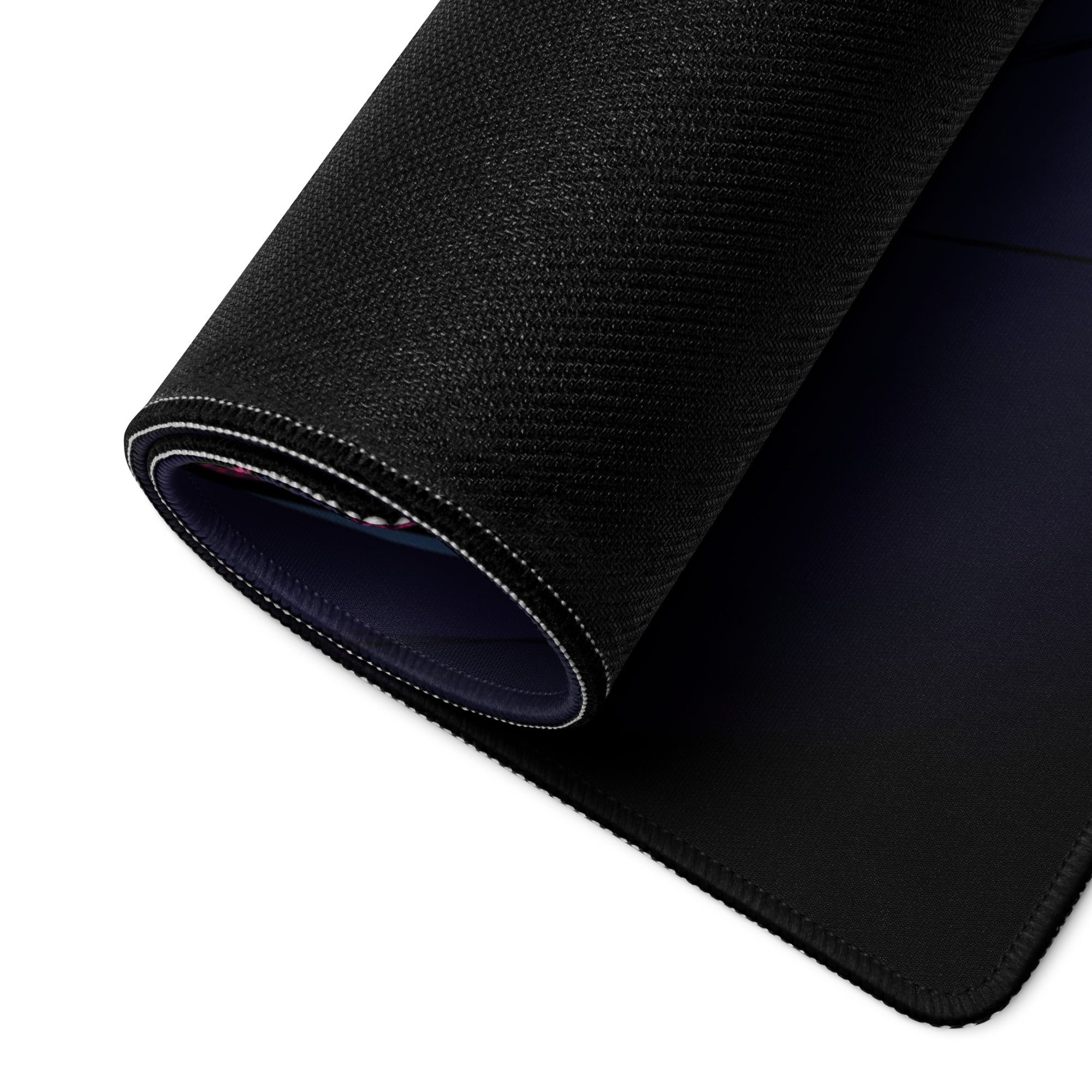 Neon vaporwave mouse pad with black textured surface navy blue lining and reinforced stitching for gaming desk use
