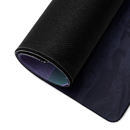 Black textured mouse pad with subtle purple inner lining and stitched edges for vaporwave neon sunset gaming decor